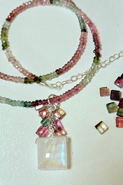 One of a Kind Rainbow Moonstone & Multi Color Tourmaline Necklace