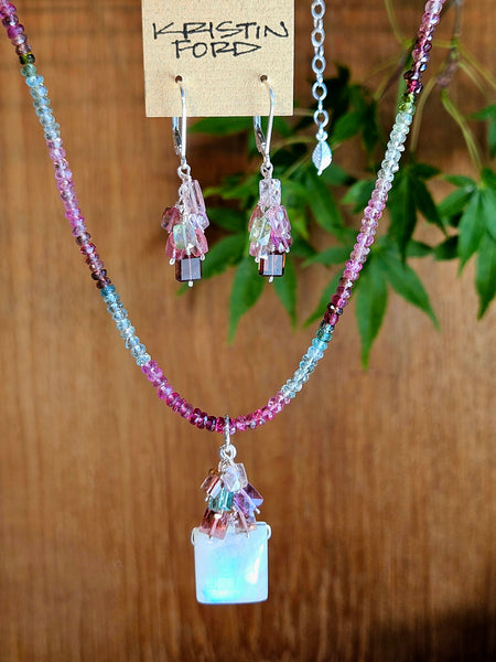 One of a Kind Rainbow Moonstone & Multi Color Tourmaline Necklace