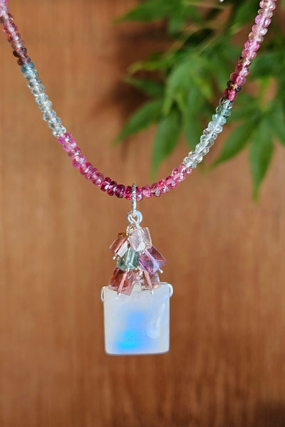 One of a Kind Rainbow Moonstone & Multi Color Tourmaline Necklace
