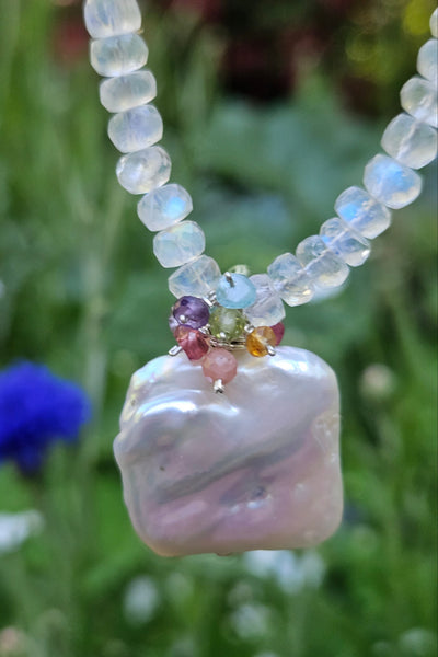 One of a Kind Pearl, Rainbow Moonstone & Multi Color Gemstone Necklace & Earrings