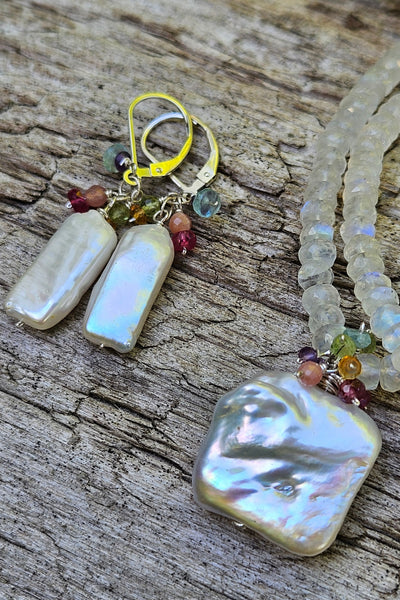 One of a Kind Pearl, Rainbow Moonstone & Multi Color Gemstone Necklace & Earrings