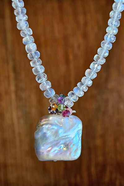 One of a Kind Pearl, Rainbow Moonstone & Multi Color Gemstone Necklace & Earrings