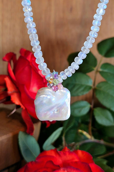 One of a Kind Pearl, Rainbow Moonstone & Multi Color Gemstone Necklace & Earrings