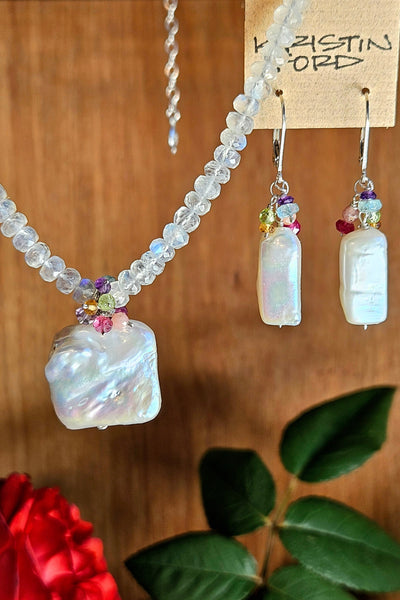 One of a Kind Pearl, Rainbow Moonstone & Multi Color Gemstone Necklace & Earrings