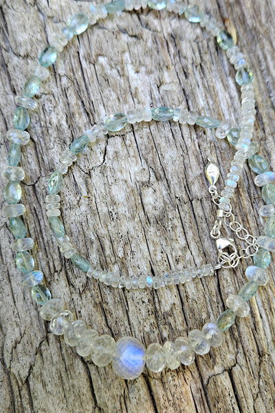 One of a Kind Rainbow Moonstone & Aquamarine Necklace