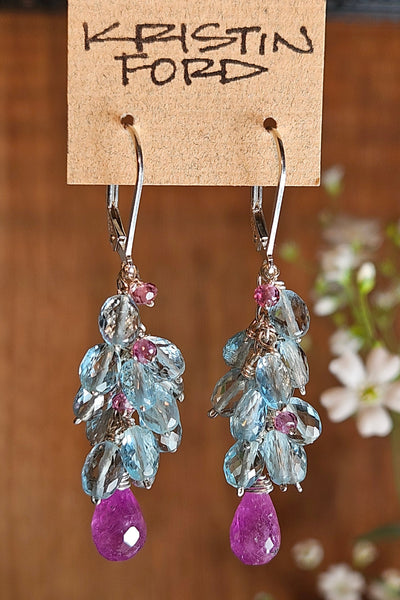 One of a Kind Ruby, Aquamarine & Rhodolite Earrings