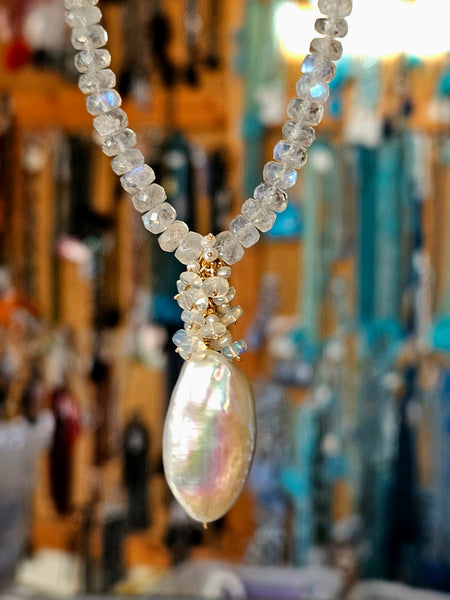 One of a Kind Biwa Pearl, Rainbow Moonstone & Ethiopian Opal Necklace