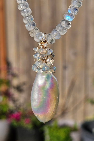 One of a Kind Biwa Pearl, Rainbow Moonstone & Ethiopian Opal Necklace