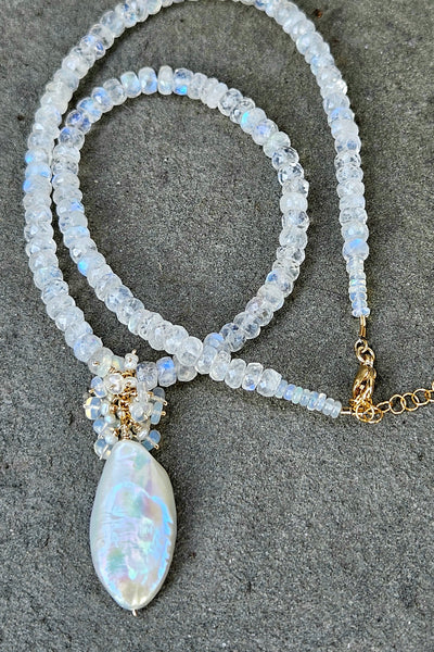 One of a Kind Biwa Pearl, Rainbow Moonstone & Ethiopian Opal Necklace