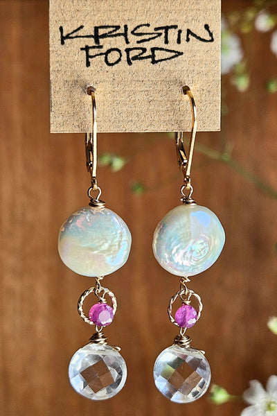 GF) One of a Kind Coin Pearl, Clear Quartz & Ruby Earrings