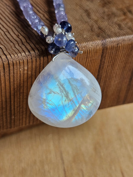 One of a Kind Rainbow Moonstone, Tanzanite, Sapphire and Pearl Necklace