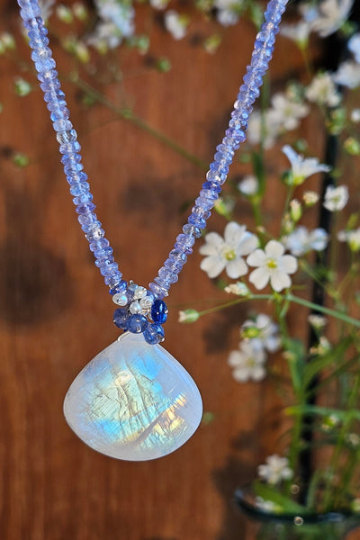 One of a Kind Rainbow Moonstone, Tanzanite, Sapphire and Pearl Necklace