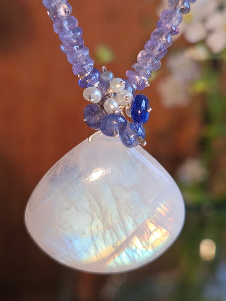 One of a Kind Rainbow Moonstone, Tanzanite, Sapphire and Pearl Necklace