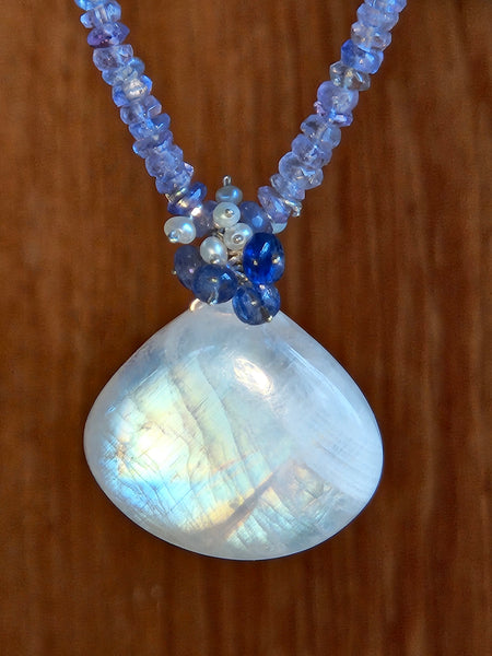One of a Kind Rainbow Moonstone, Tanzanite, Sapphire and Pearl Necklace