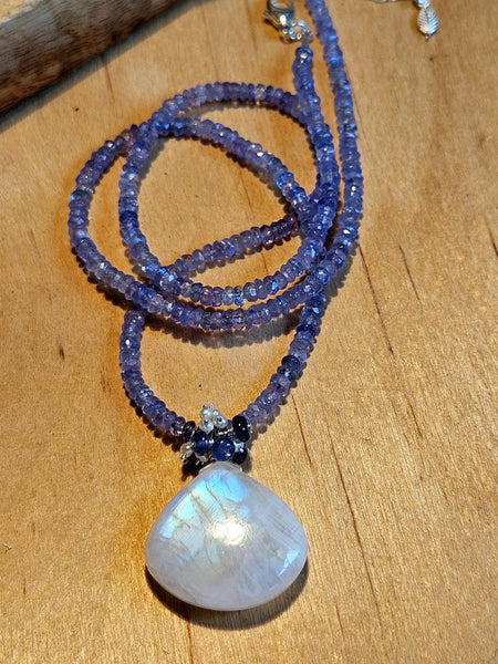 One of a Kind Rainbow Moonstone, Tanzanite, Sapphire and Pearl Necklace