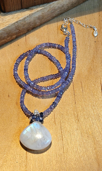 One of a Kind Rainbow Moonstone, Tanzanite, Sapphire and Pearl Necklace