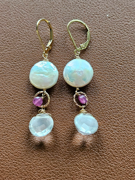 GF) One of a Kind Coin Pearl, Clear Quartz & Ruby Earrings