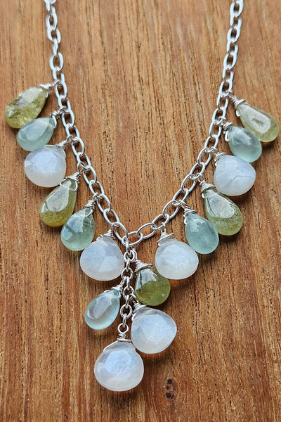 One of a Kind Moonstone, Aquamarine & Grossular Garnet Necklace