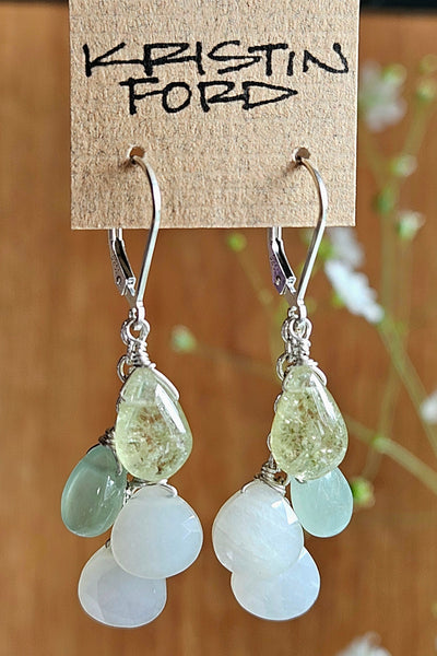 One of a Kind Moonstone, Aquamarine & Grossular Garnet Earrings