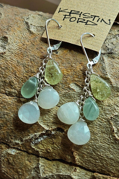 One of a Kind Moonstone, Aquamarine & Grossular Garnet Earrings