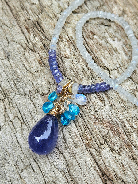 GF) One of a Kind Tanzanite, Neon Apatite & Rainbow Moonstone Necklace