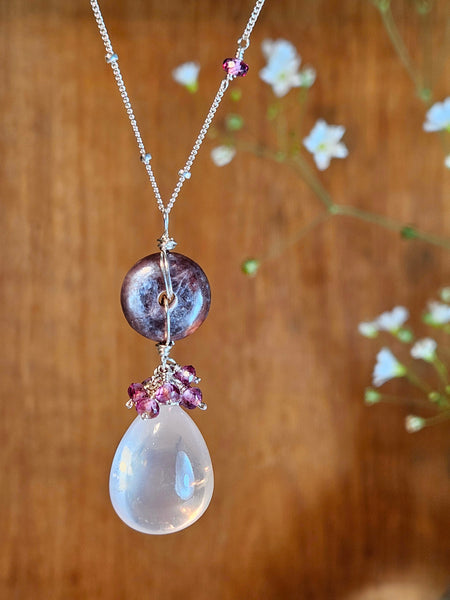 One of a Kind Rose Quartz, Gem Lepidolite & Rhodolite Necklace