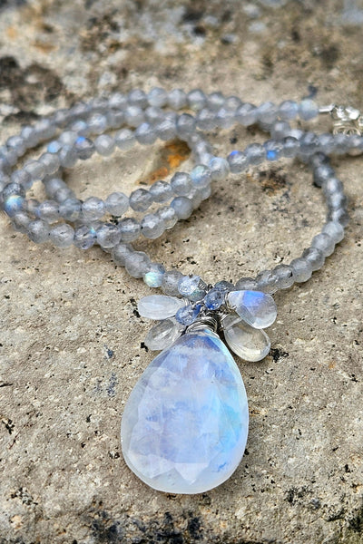 One of a Kind Rainbow Moonstone, Sapphire & Labradorite Necklace