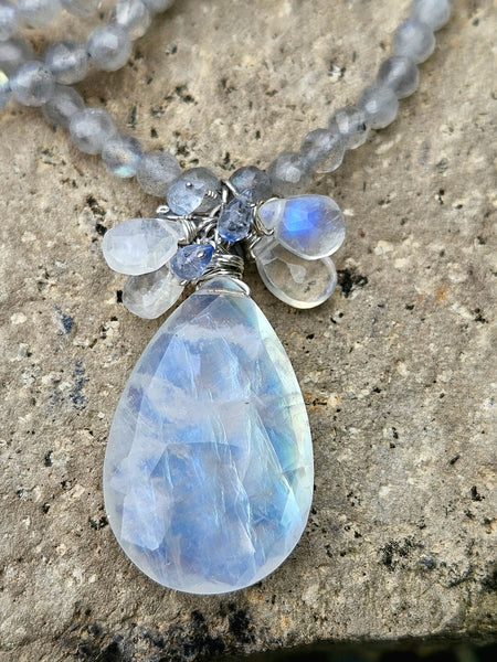One of a Kind Rainbow Moonstone, Sapphire & Labradorite Necklace