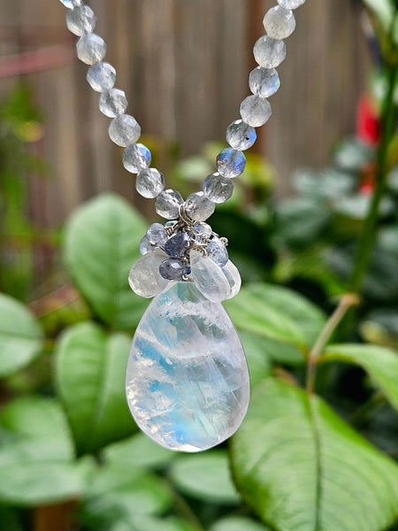 One of a Kind Rainbow Moonstone, Sapphire & Labradorite Necklace