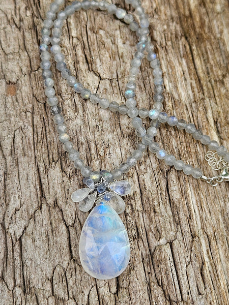 One of a Kind Rainbow Moonstone, Sapphire & Labradorite Necklace