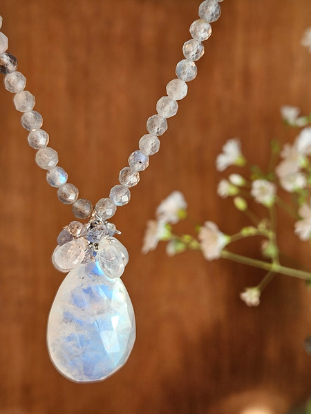 One of a Kind Rainbow Moonstone, Sapphire & Labradorite Necklace