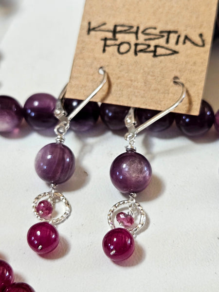 Ruby, Rubelite Tourmaline & Gem Lepidolite Earrings  ERD
