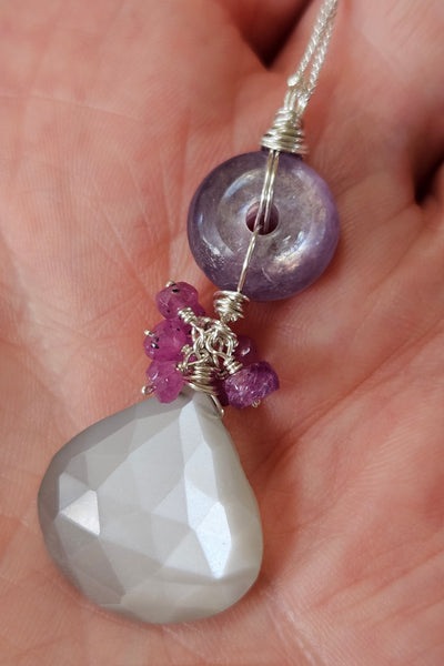 One of a Kind Silver Moonstone, Ruby & Gem Lepidolite Necklace