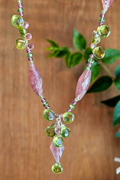 Peridot, Strawberry Quartz, Pink Tourmaline, Rhodolite & Green Apatite Necklace  NWH6026