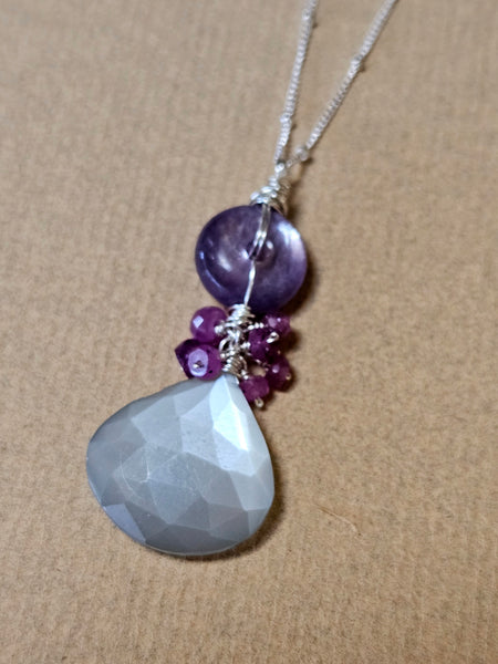 One of a Kind Silver Moonstone, Ruby & Gem Lepidolite Necklace
