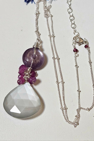 One of a Kind Silver Moonstone, Ruby & Gem Lepidolite Necklace