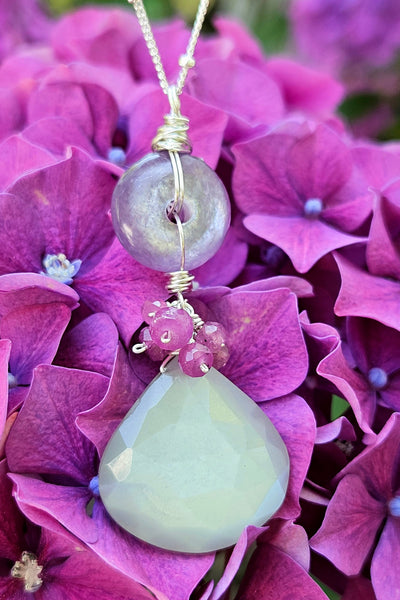One of a Kind Silver Moonstone, Ruby & Gem Lepidolite Necklace
