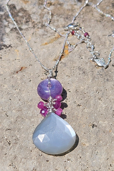 One of a Kind Silver Moonstone, Ruby & Gem Lepidolite Necklace
