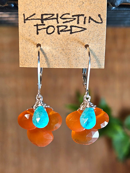 One of a Kind Carnelian, Turquoise & Peach Chalcedony Necklace & Earring Set