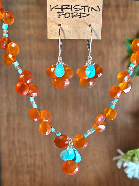 One of a Kind Carnelian, Turquoise & Peach Chalcedony Necklace & Earring Set
