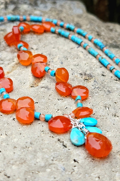 One of a Kind Carnelian, Turquoise & Peach Chalcedony Necklace & Earring Set