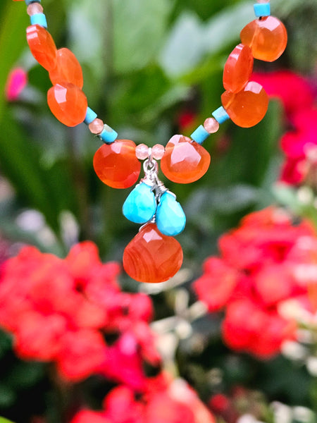 One of a Kind Carnelian, Turquoise & Peach Chalcedony Necklace & Earring Set