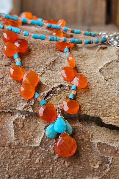 One of a Kind Carnelian, Turquoise & Peach Chalcedony Necklace & Earring Set