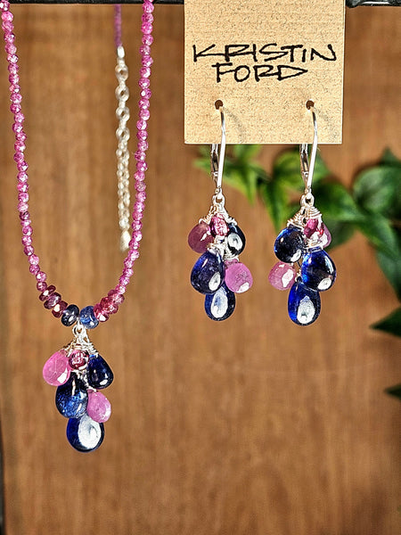 Sapphire, Ruby & Rhodolite Earrings   EBL8026