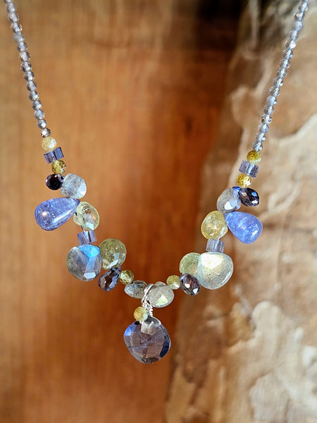 Iolite, Tanzanite, Labradorite, Grossular Garnet & Silver Moonstone Necklace  NWH7226