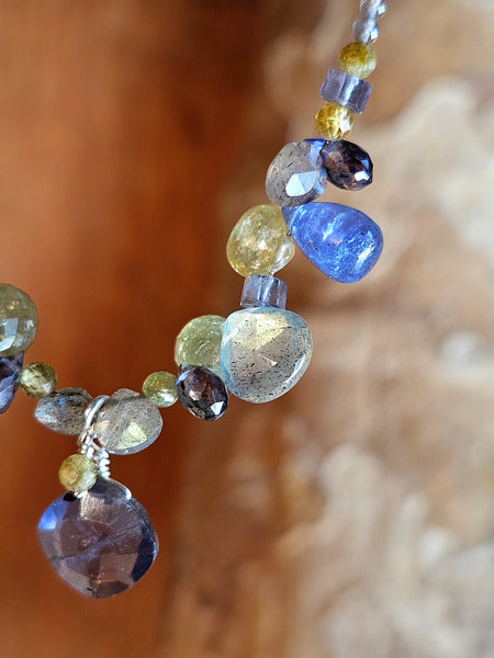 Iolite, Tanzanite, Labradorite, Grossular Garnet & Silver Moonstone Necklace  NWH7226