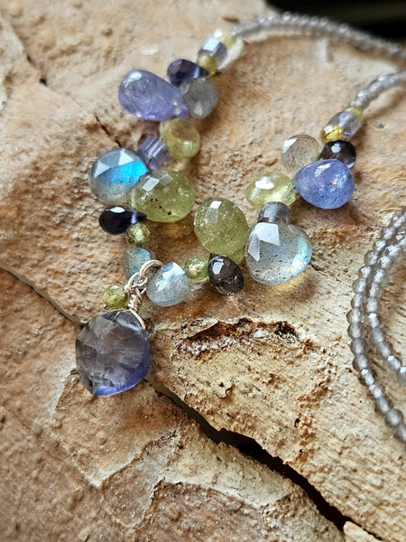 Iolite, Tanzanite, Labradorite, Grossular Garnet & Silver Moonstone Necklace  NWH7226