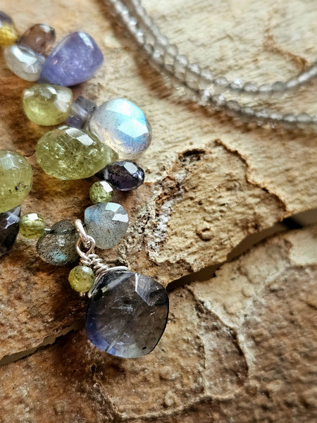 Iolite, Tanzanite, Labradorite, Grossular Garnet & Silver Moonstone Necklace  NWH7226