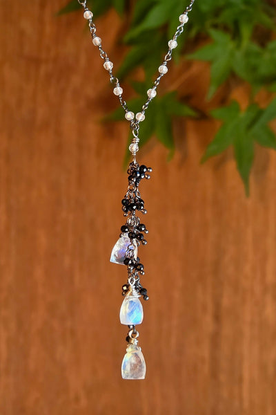 Rainbow Moonstone, Black Spinel & White Topaz Necklace   NWH6926OX
