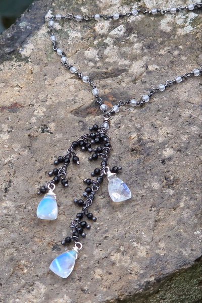 Rainbow Moonstone, Black Spinel & White Topaz Necklace   NWH6926OX